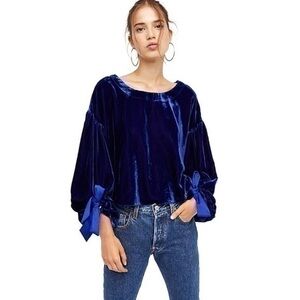 Free People Gimme Some Lovin' Velvet Blue Balloon Sleeve Blouse